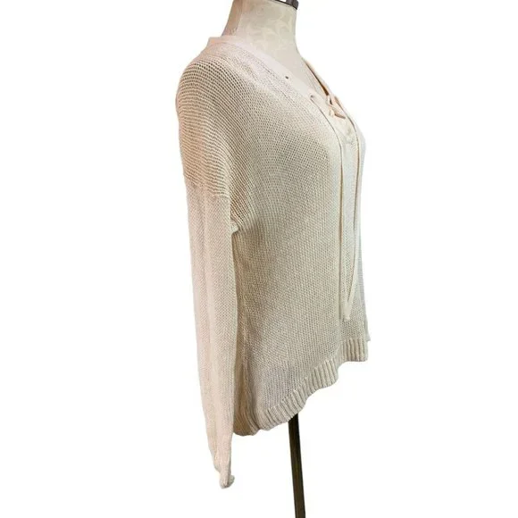 Small J.Crew Women's Loose Knit Linen Sweater Lace Up Neckline Ivory - Picture 6 of 8